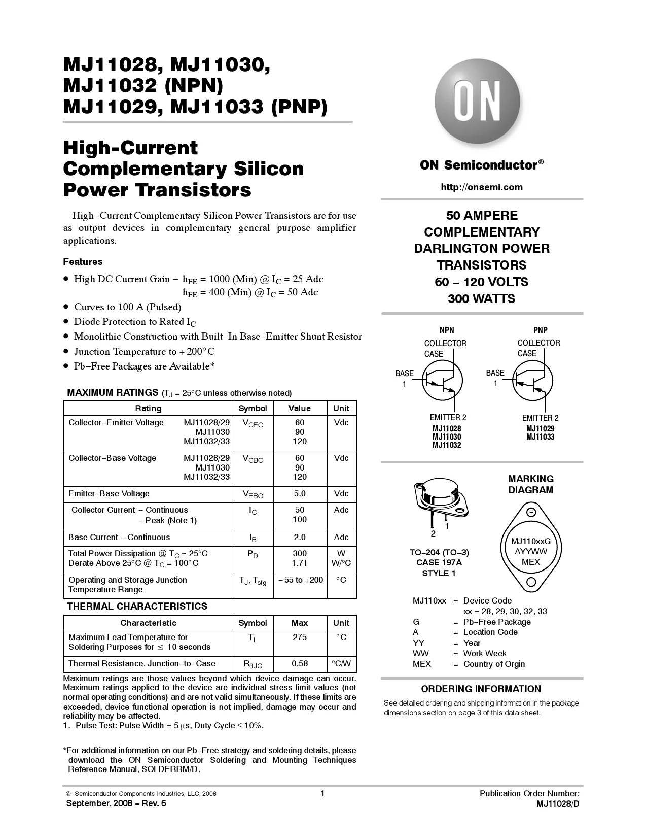(new & Original ) Mj11033 Highcurrent Complementary Silicon Power