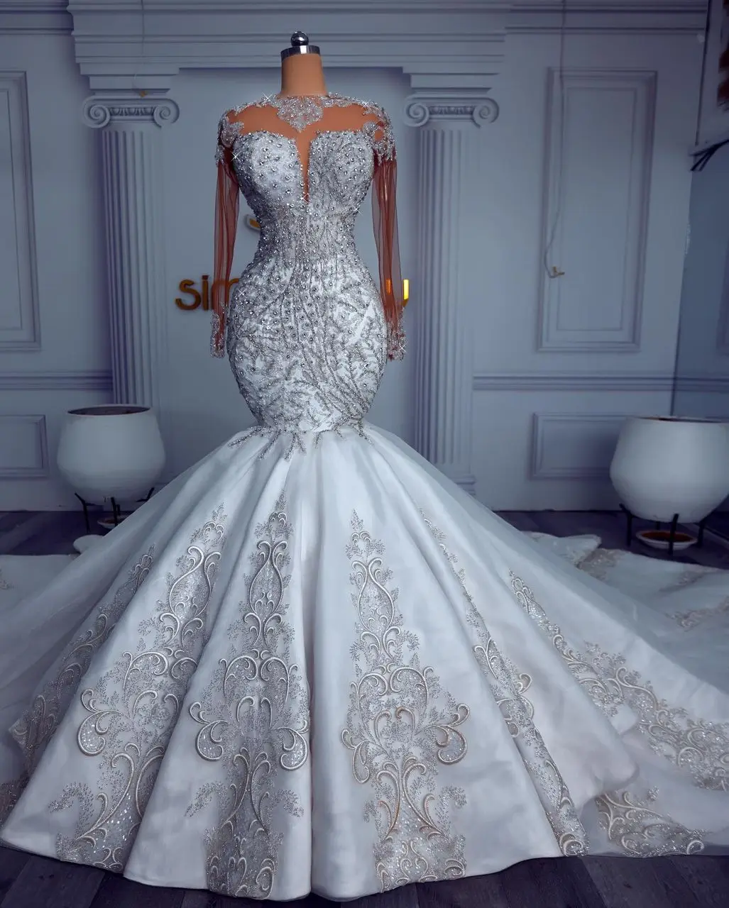 Wholesale Long leeve Wedding dress Chapel Train Wedding dress Crystal Bridal Gown,2 Pieces