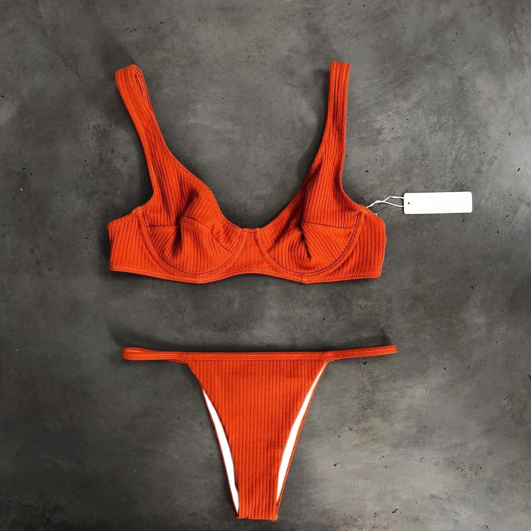 Guangzhou Swim Wear Manufacturer Solid Color Thong Bikini Ribbed Swimwear Beachwear
