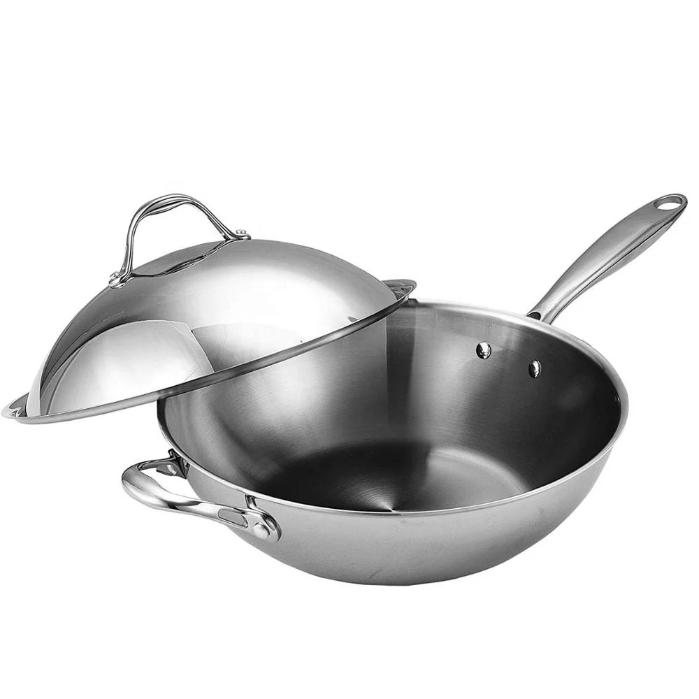 34cm Big Silver Induction Flat Bottom Nonstick Stainless Steel Wok Pan