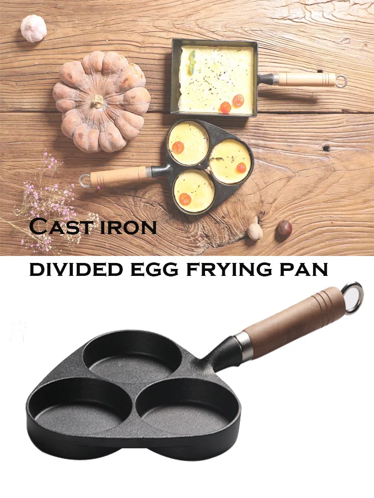 Source Cast iron skillet divided egg 3 hole tilting wooden handle