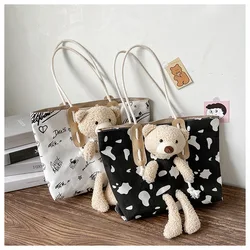 Customized Ladies Burlap Bag Fashion Cute Cartoon Handbag Wholesale Student Cloth Bag With Bear