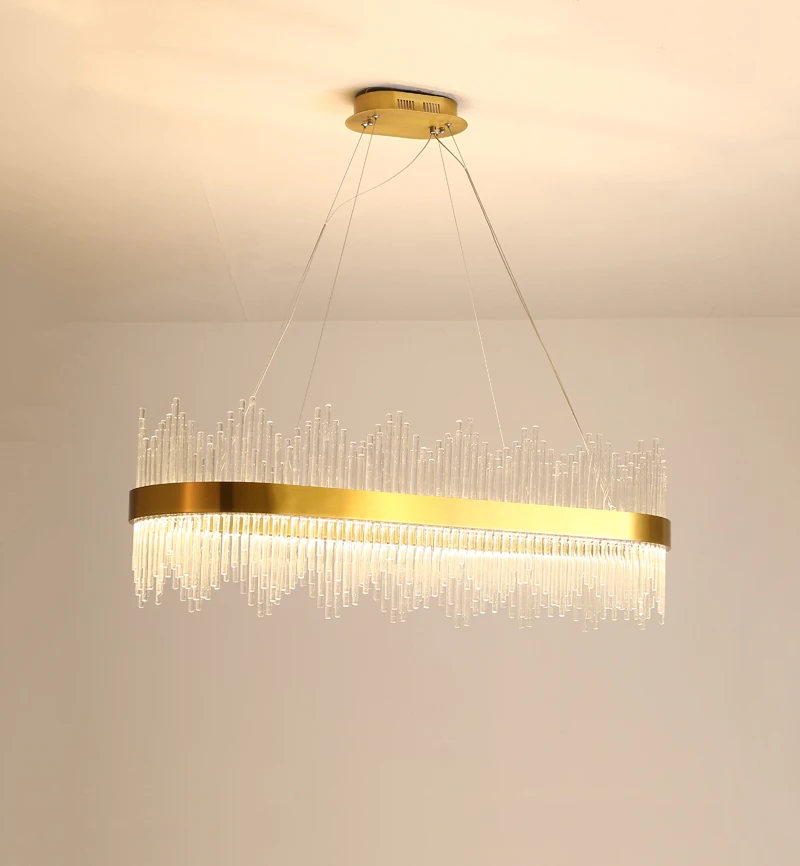 Modern Style LED Glass Rod Hanging Light Gold Chandelier Crystal for Dining Table