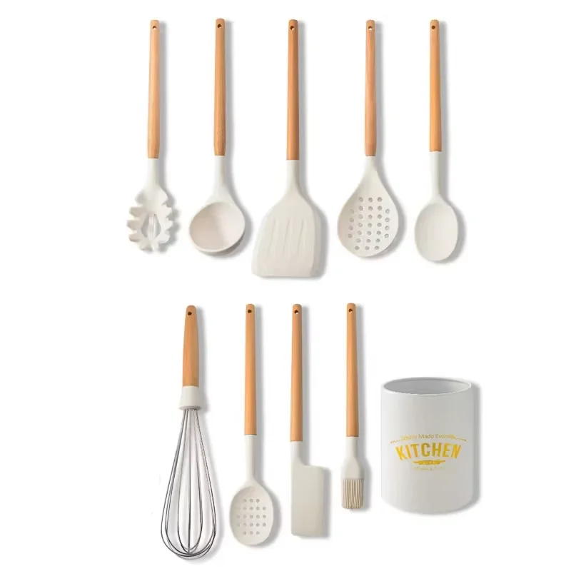 product new milky white wooden handle silicone kitchenware set non stick cooking spatula set-6