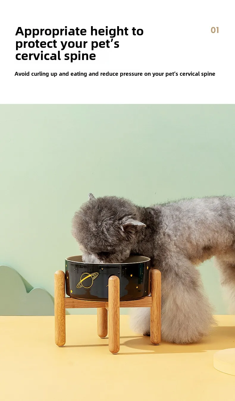 Ceramic Double Dog/Cat Food Bowl Protective Rack High Foot Design Solid Pattern Eco-Friendly Cervical Spine Protection Pet Water