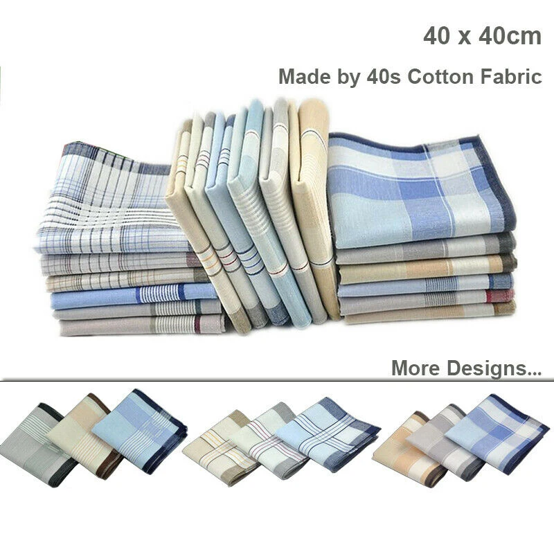 Men Premium 40tc Cotton Large Handkerchief Soft Hanky Pocket 40cm Bulk