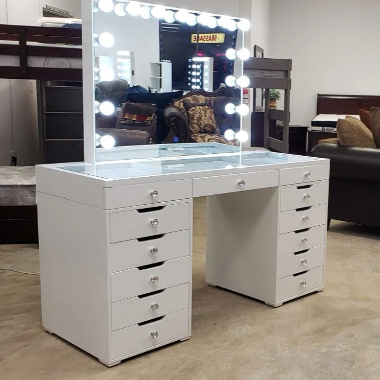 vanity mirror and desk with lights
