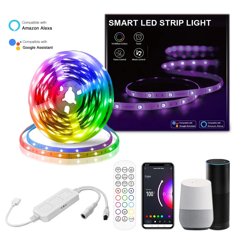 RGB 5M 150 LEDs IP20 Non-Waterproof Smart LED Strip Light Compatible Amazon Alexa and Google Assistant For Home Party Decoration