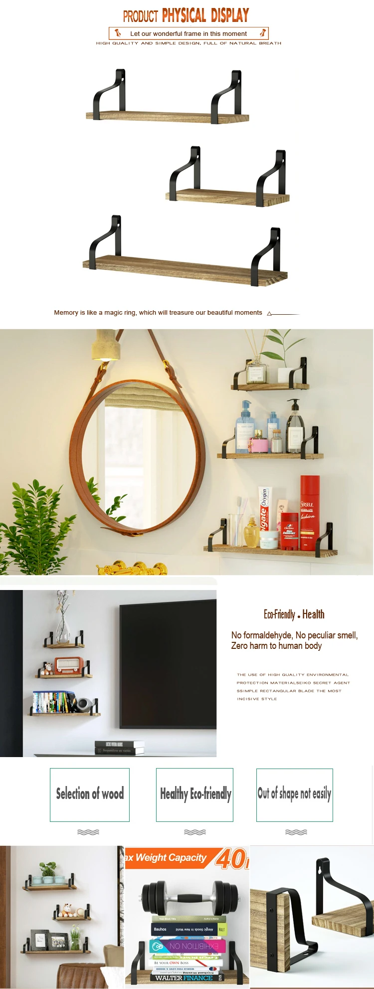 3 Tier Wall Decor Shelf Metal Wooden Rustic Decorative home Hanging display wooden wall shelf