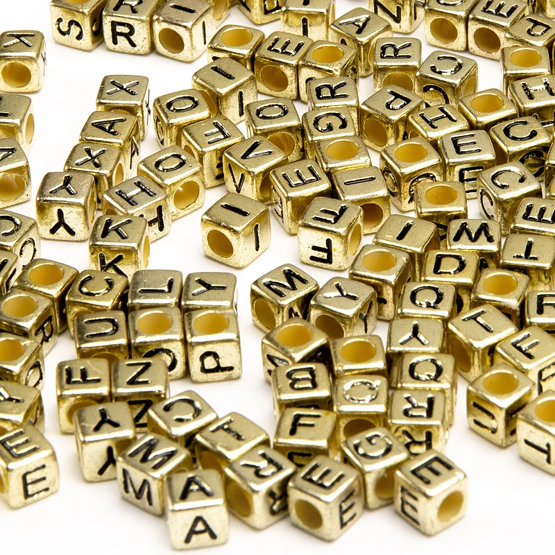 Wholesale 6mm Vintage Golden Letter Beads Cube Alphabet Beads For