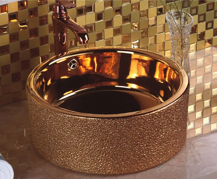 Bathroom Sink Ceramic Decorated Enamel Golden Luxury Wash Hand Basin
