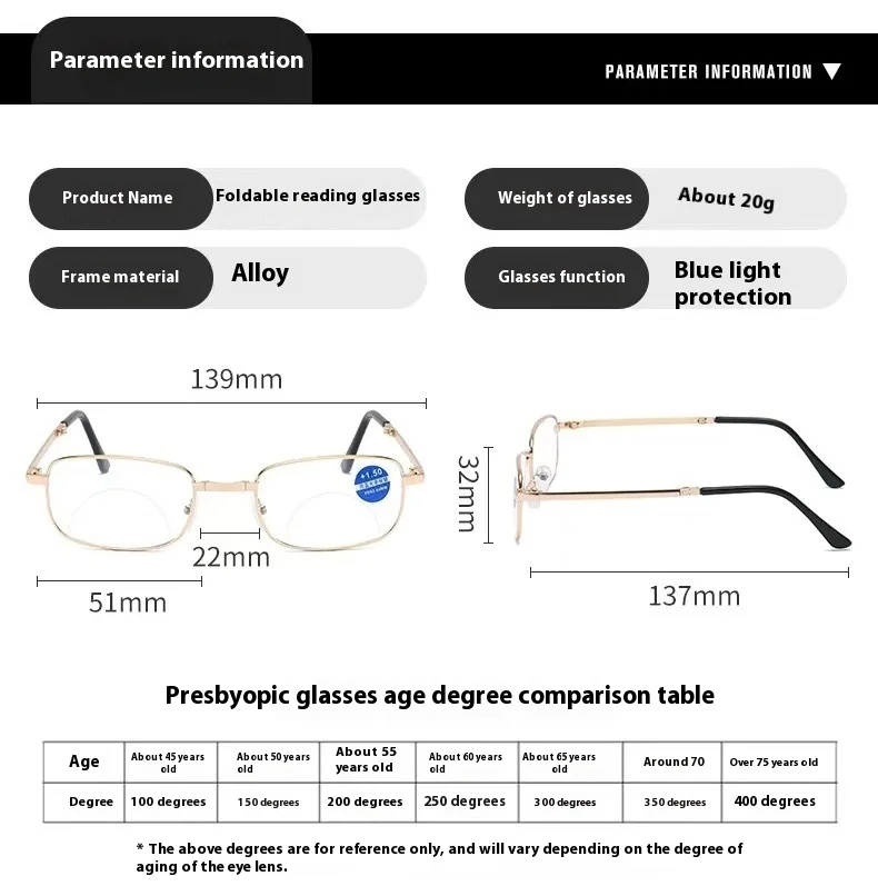 Ultra-light Metal HD Presbyopia Foldable Men Women Reading Glasses Anti Blue Light Glasses for Men Power Adjustment
