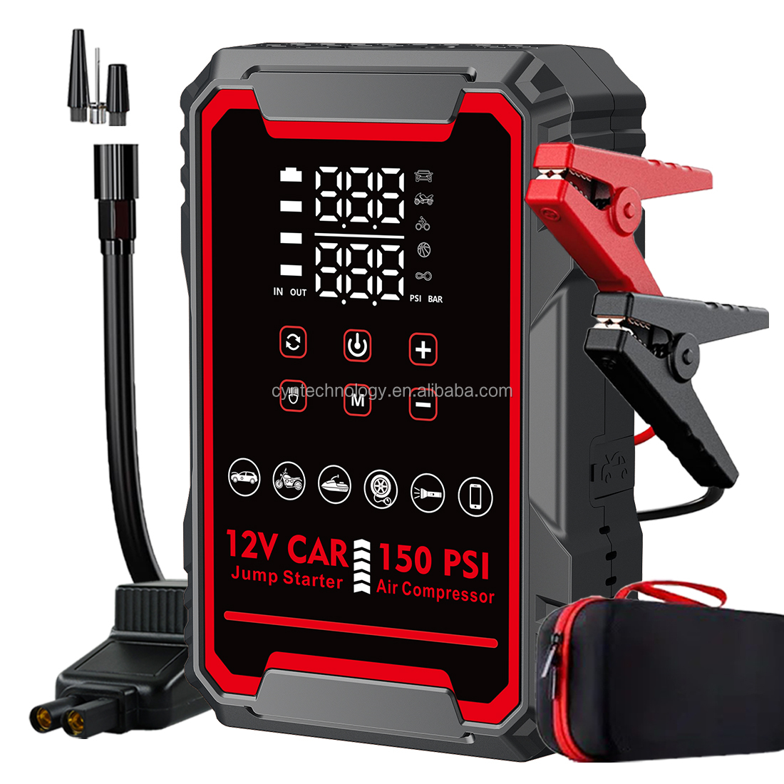 Side-by-side comparison of compact lithium-ion jump pack and heavy-duty model with air compressor