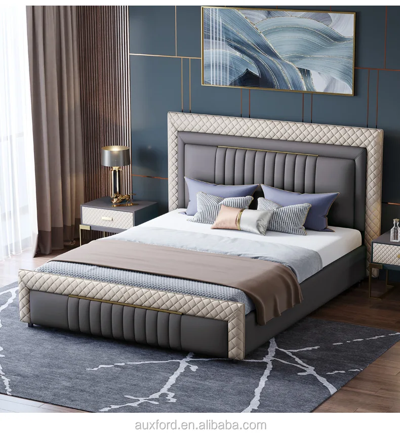 Light Luxury Real Leather Bedroom Beds With Storage Function Tufted ...