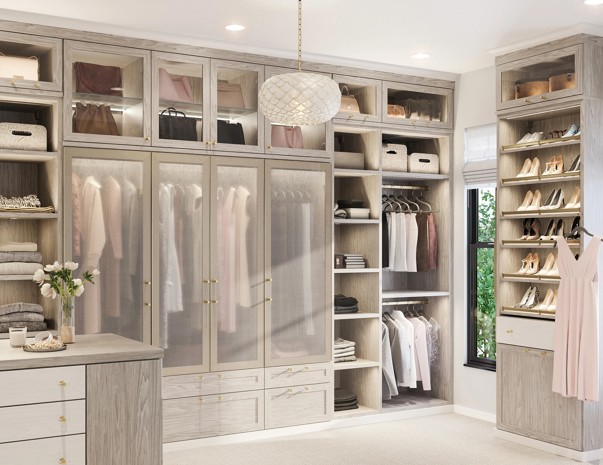 Customized bedroom furniture luxury walk-in closet sets with led lights wardrobe with glass door