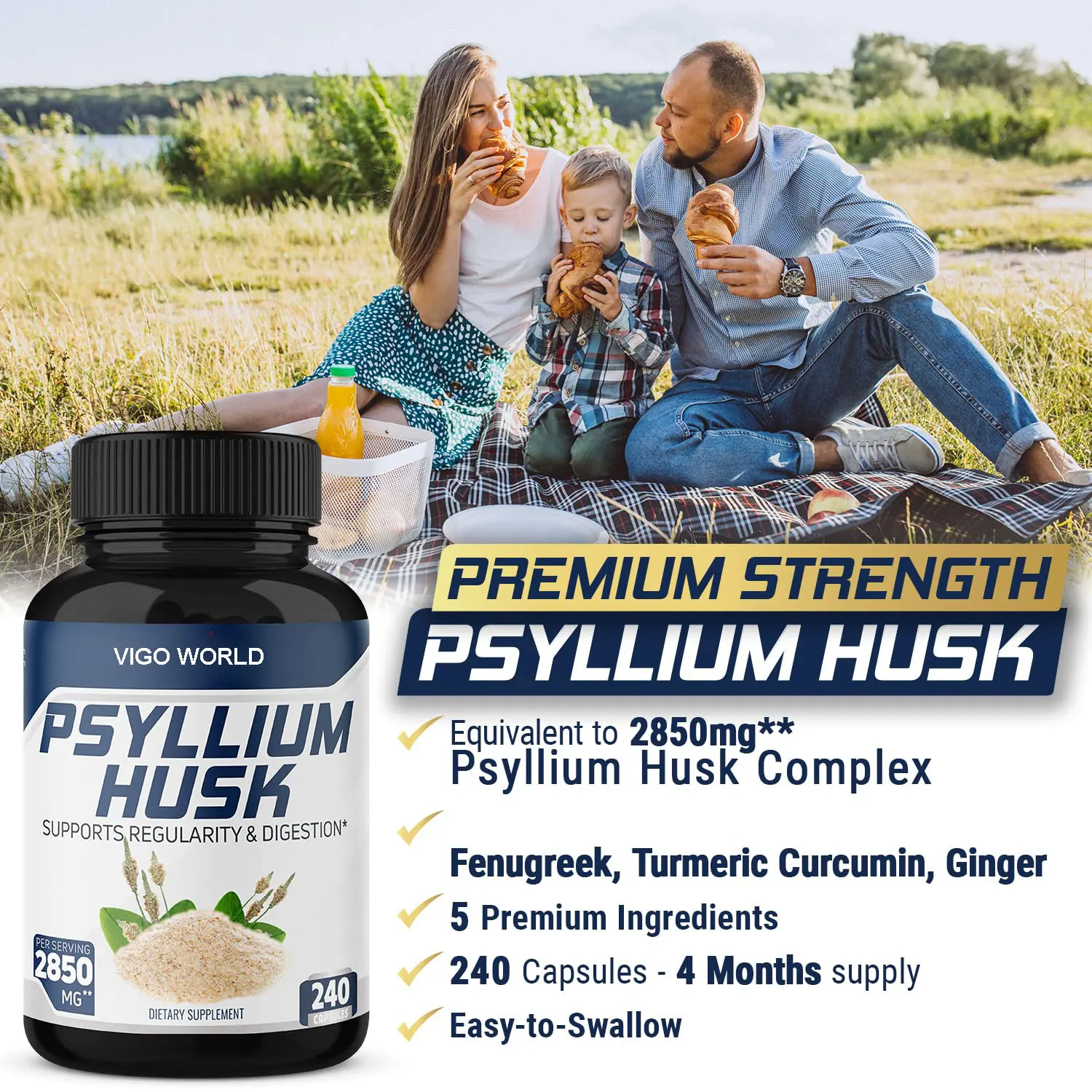Premium Psyllium Husk Capsules With Fenugreek & Turmeric & Ginger