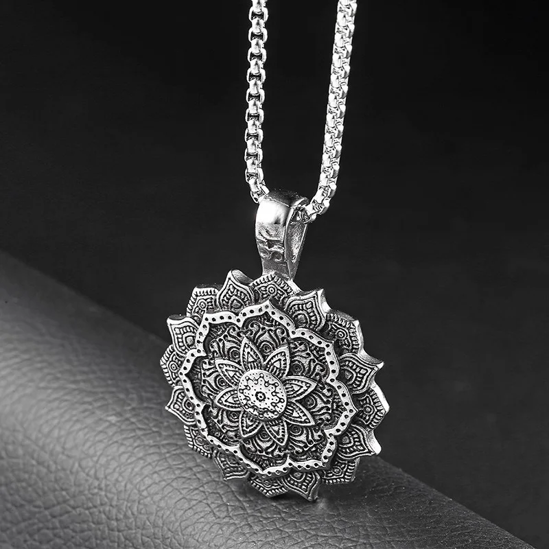 Custom Stainless Steel Jewelry Vintage Men Flower Mandala
