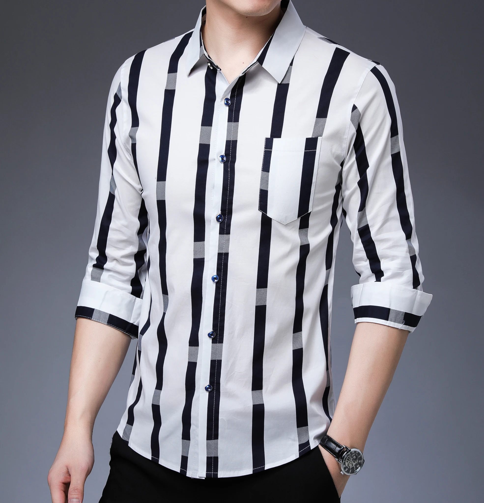100% Cotton Latest Design White Black Striped Casual Fashion Long ...