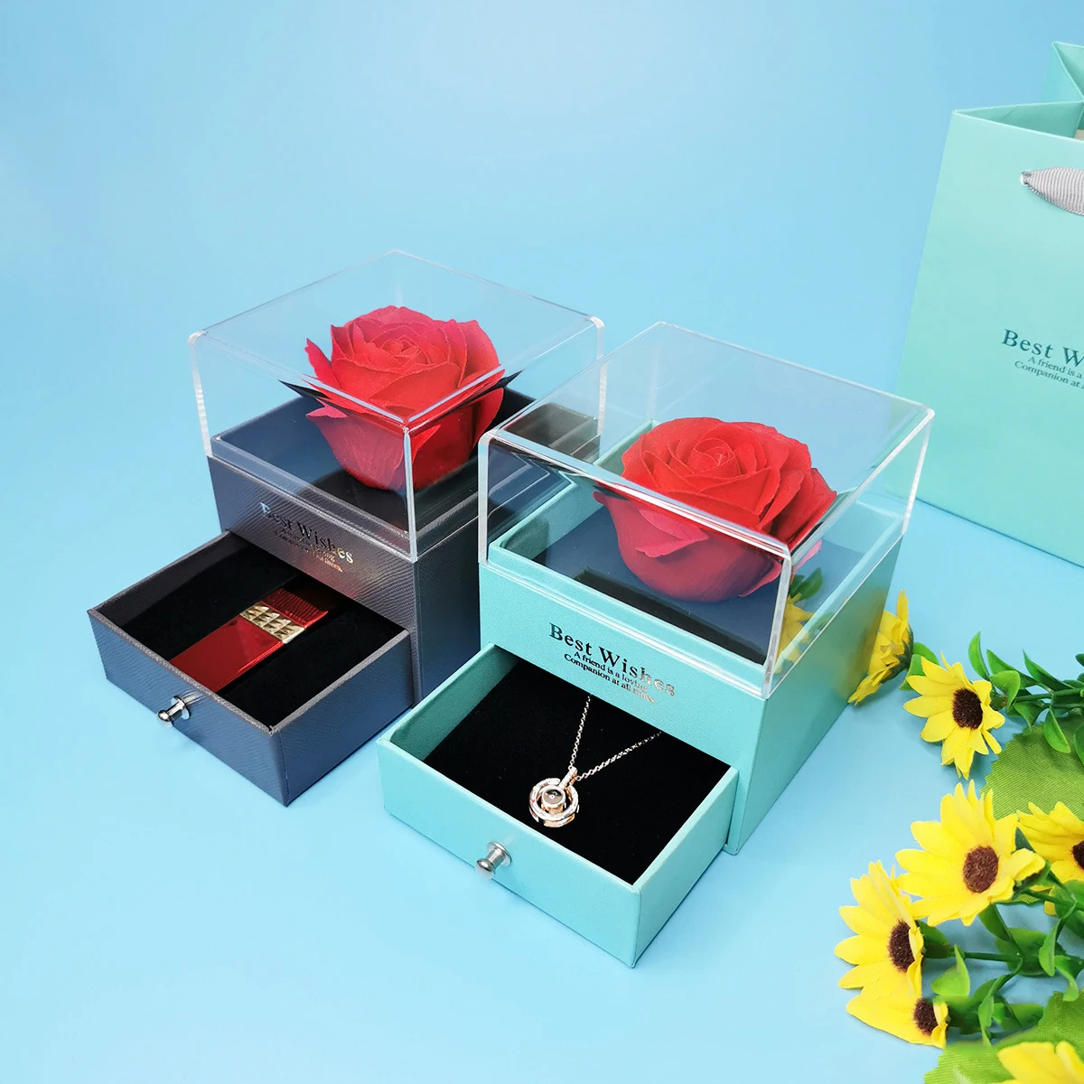 Acrylic Transparent Cover Romance Eternal Flower Box Necklace Ring Box ...