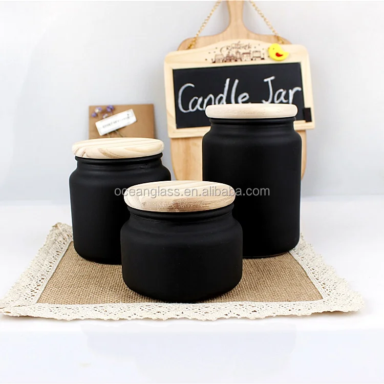 Wholesale 300ml 500ml 700ml Frosted Empty Wood Lid Matte Black Glass