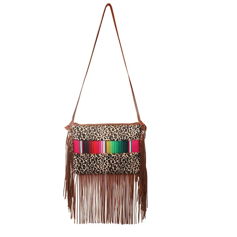 Serape Fringe Purse Leather Straps Leopard Shoulder Bag Women Crossbody