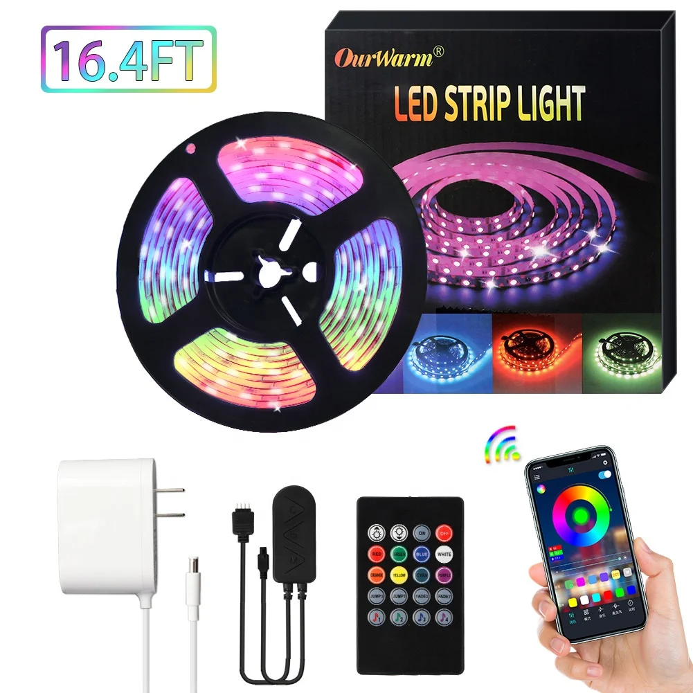 OurWarm LED Strip Lights,16.4ft SMD 5050 RGB LED Light Strip Kit Bluetooth APP Control LED Color Changing Lights with IR Remote