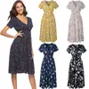 smocked cheap fashion summer autumn ladies dress poly floral polka casual v neck short sleeves knee length bohemia dress women