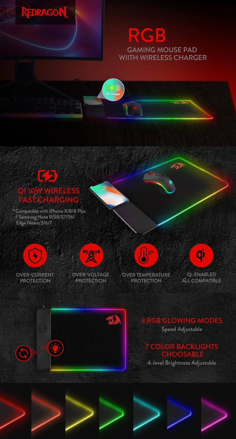 Redragon P028 CRATER Qi Fast Wireless Charging RGB Gaming Mouse Pad
