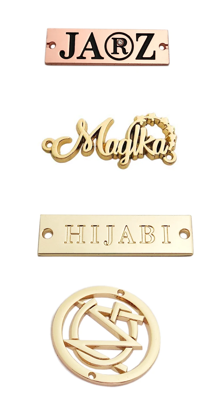 Quan zhou engraved brand logo custom sewing 2 hole metal label tag plate for clothing