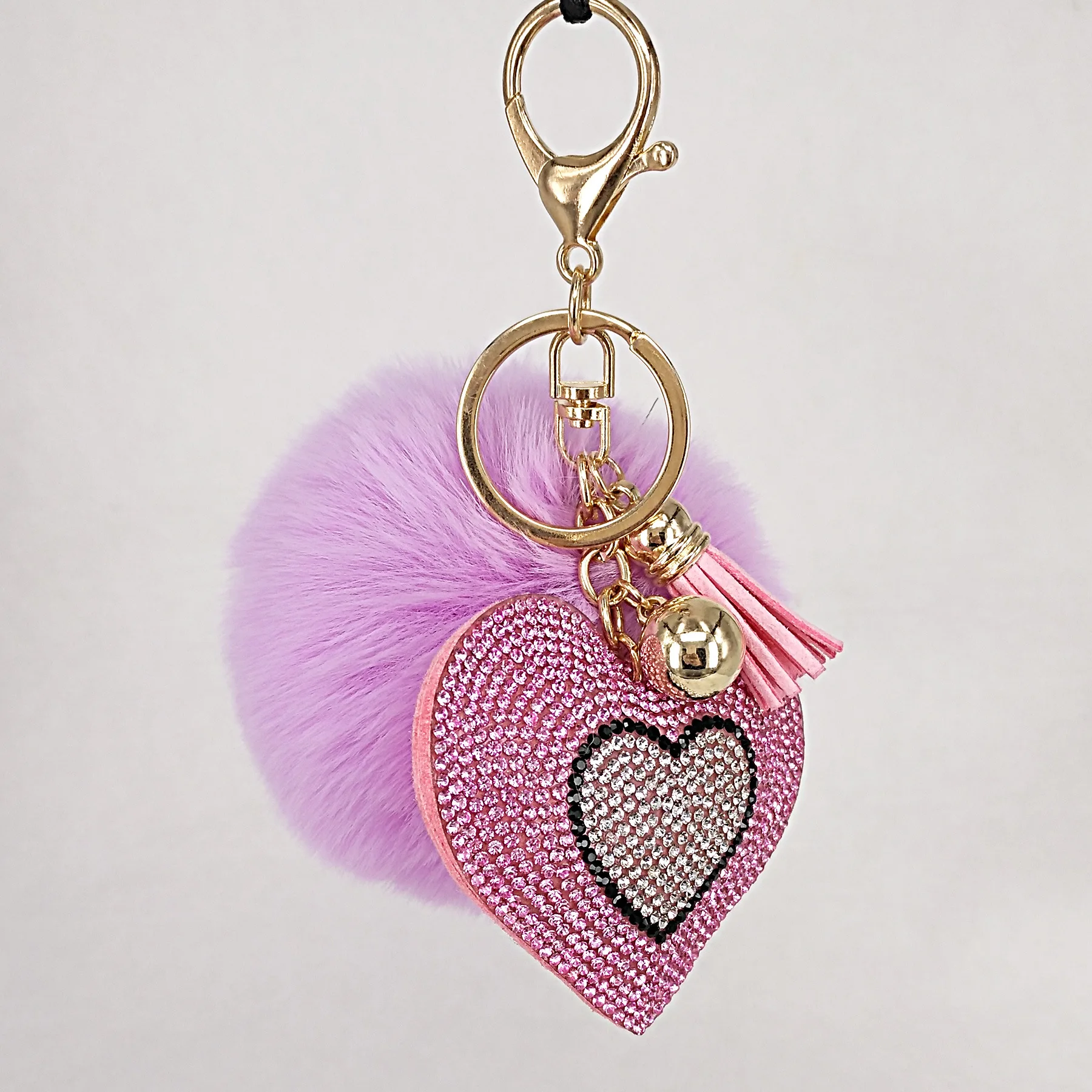 Fashion Crystal Love Heart Rhinestone Keychains Key Chain Cute Pom Pom Keychain For Women Bag