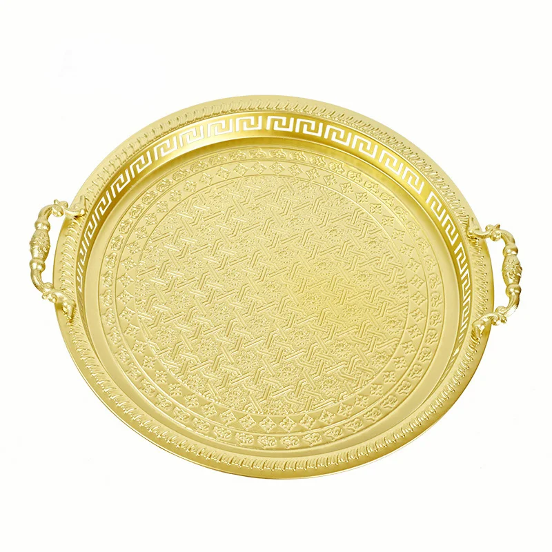 Moroccan Charger Plate Copper Plate Stainless Steel Round Tray With Handle,Luxury Golden Serving
