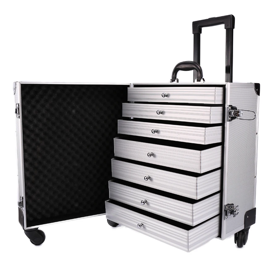 Aluminum Jewelry Case With Wheels Drawers Trolley Storage Box Jewelry