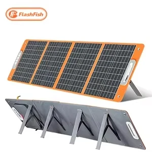 100W folding solar panel deployed on RV roof with adjustable tilt mount and MC4 wiring to charge controller
