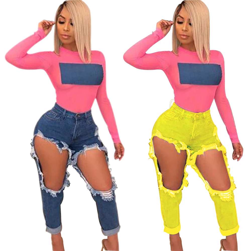 denim cut out casual pants