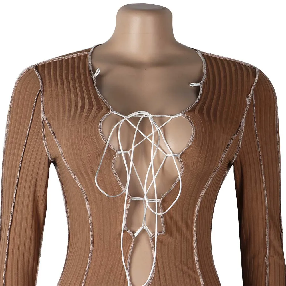 深v领一件连身裤妇女紧身衣裤长袖锻炼体育连体裤系带束缚罗纹主动穿