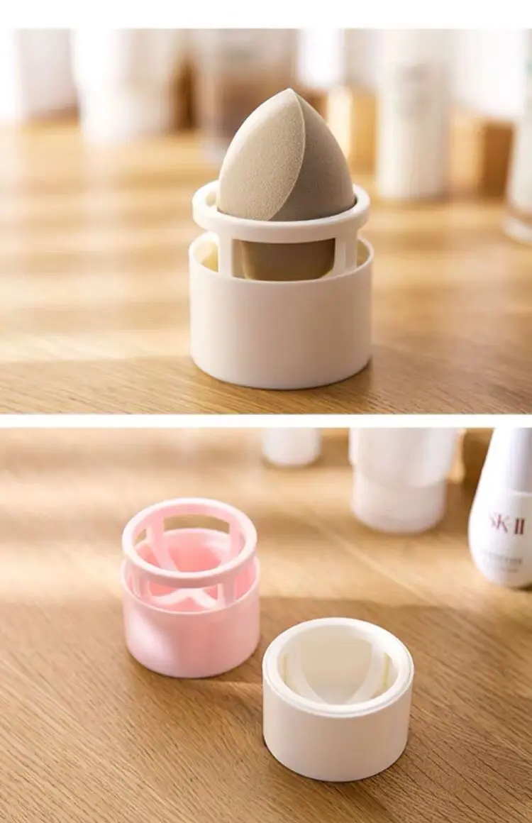 White Pink Round Shaped Plastic Makeup Sponge Holder Make Up Cosmetic
