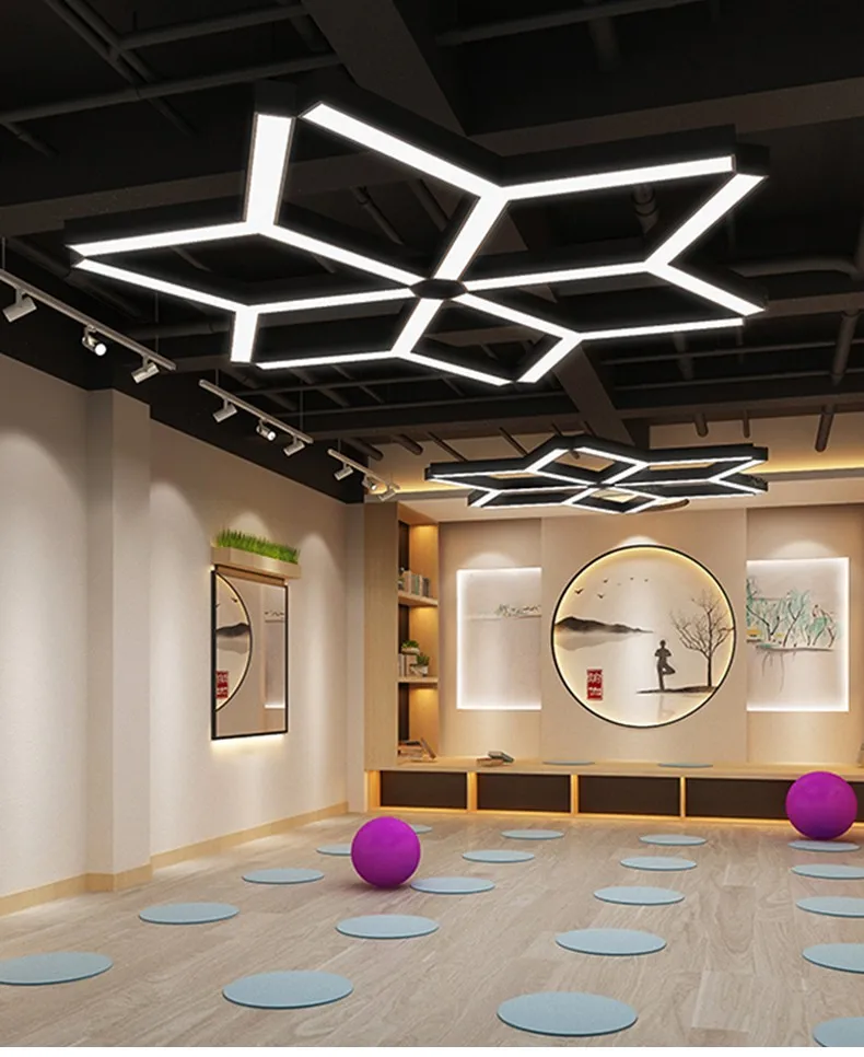 product creative shaped iron pmma hexagonal pendant light 6000k color temperature for office gym internet cafe mall industrial lighting-2