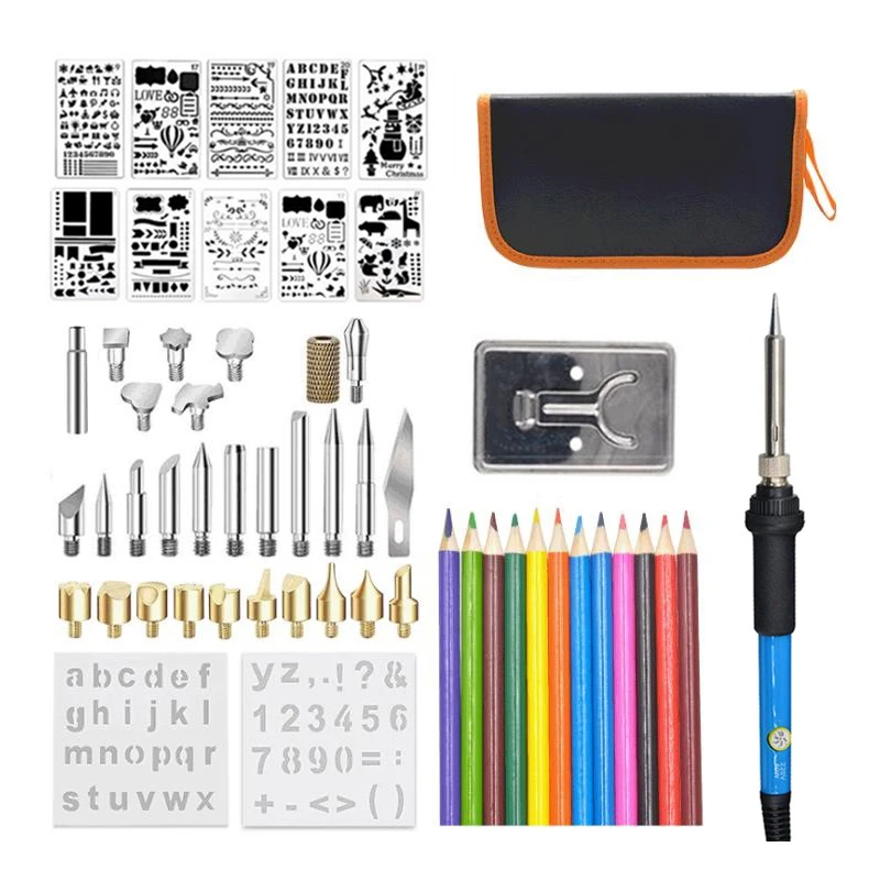 Wood Burning Pen Set Stencil Soldering Tips Tools Color Pencils Pyrography Kit