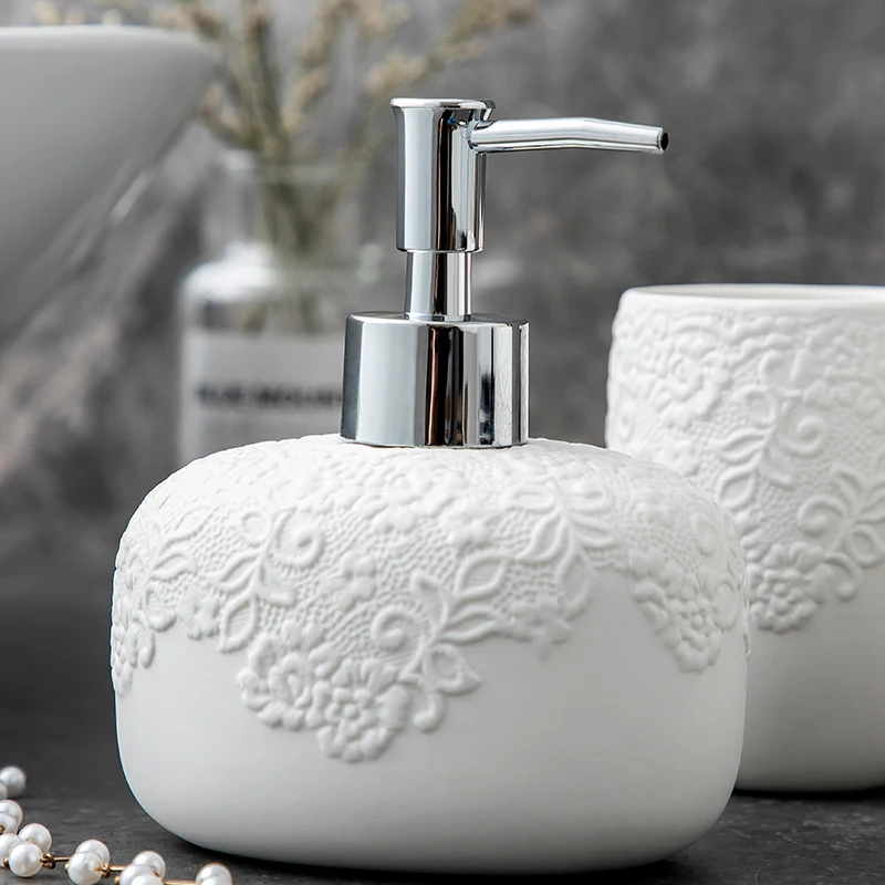 Luxe White Ceramic 4-Pc Bath Accessories Set Soap Dispenser Dish Tumbler Holder 