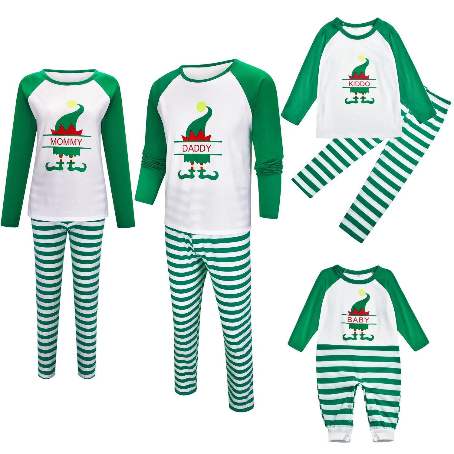 
2021 hot sale Christmas hat printed white green parent-child suit pajamas home wear 