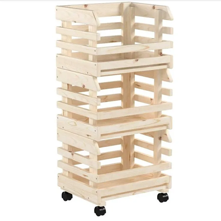 Portable 3 Tier Kitchen Vegetable Fruit Wooden Crates For Storage