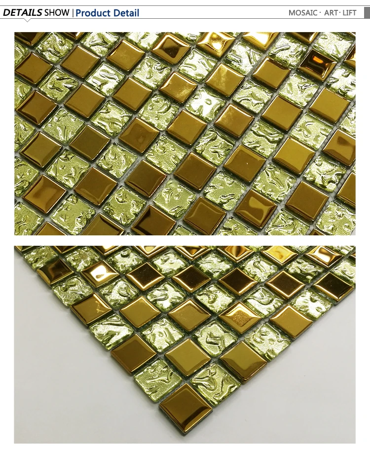 Indian style cheaper price square shape golden electroplate glass mosaic tile for background wall decor