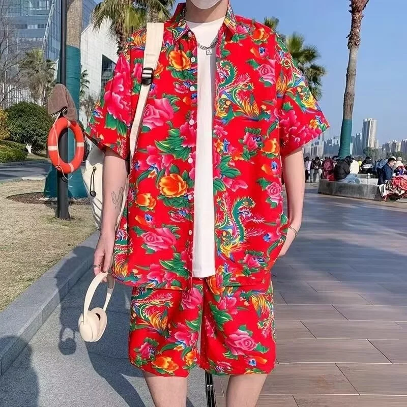 Support Customization of One Item Summer Floral Shirt Five Part Shorts Set Men's Thin Short Sleeved Shirt Casual Two-piece Set