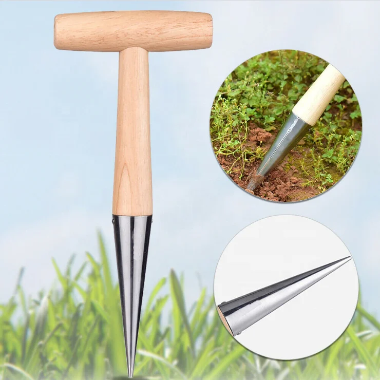 Long Handle Loosen Soil Tools Garden Hand Dibber With Stainless Steel Head And Wooden Handle