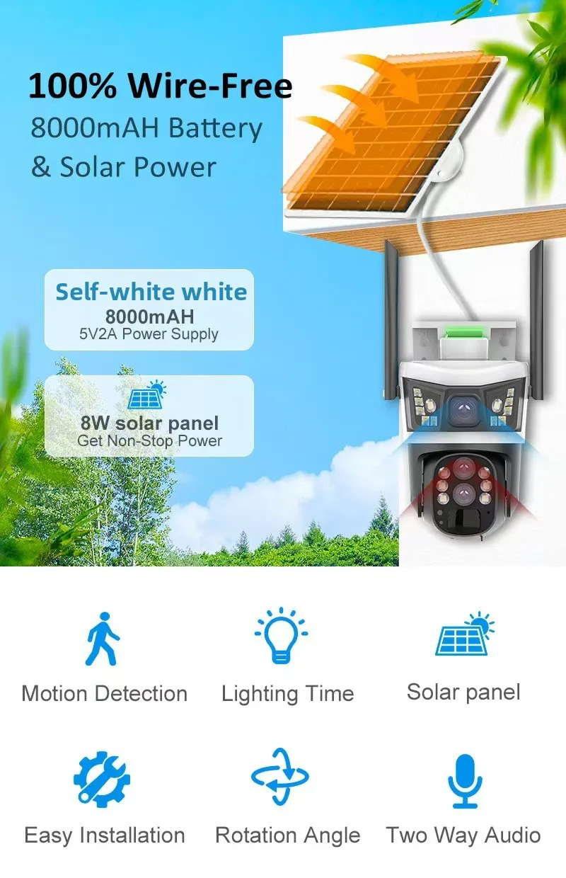V380Pro Outdoor Solar Less Energy Cost 4MP HD Camera 3Lenses 10X Zoom 360 Night Vision Smart Detection Multi-function Cameras