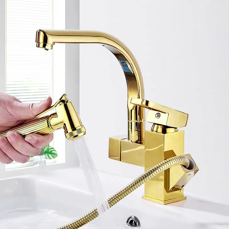 Brass Single Handle Pull Out Pull Down Sink Mixer Polish Black Colour Kitchen Faucet