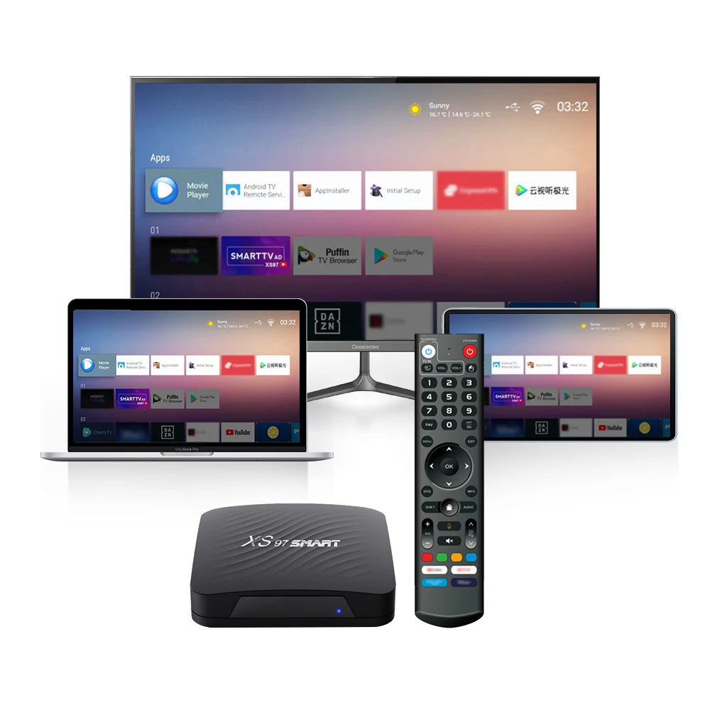 Digital TV box mounted behind TV with labeled ports: HDMI, USB, antenna, Ethernet