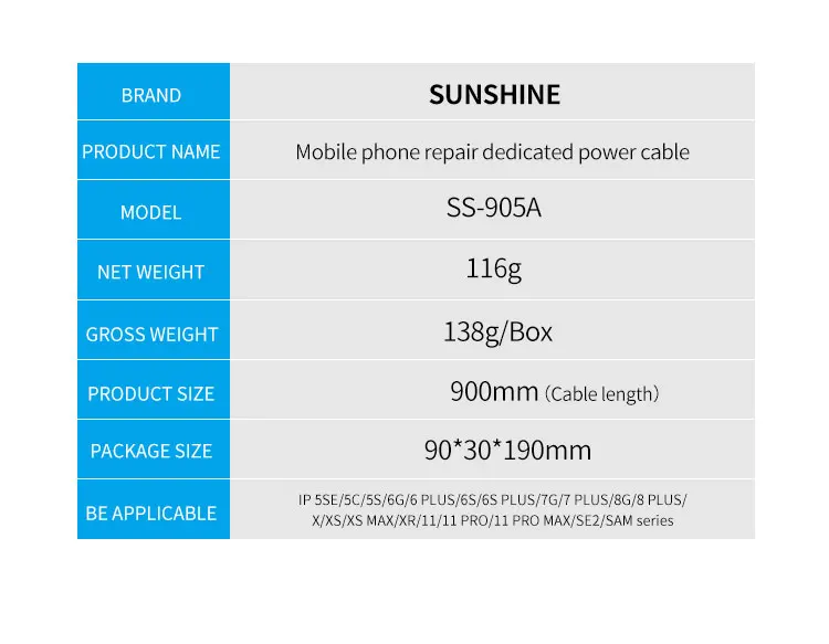 Sunshine SS-905A iphone service power cable 2020 version for iphone 5S-11 pro max and sam