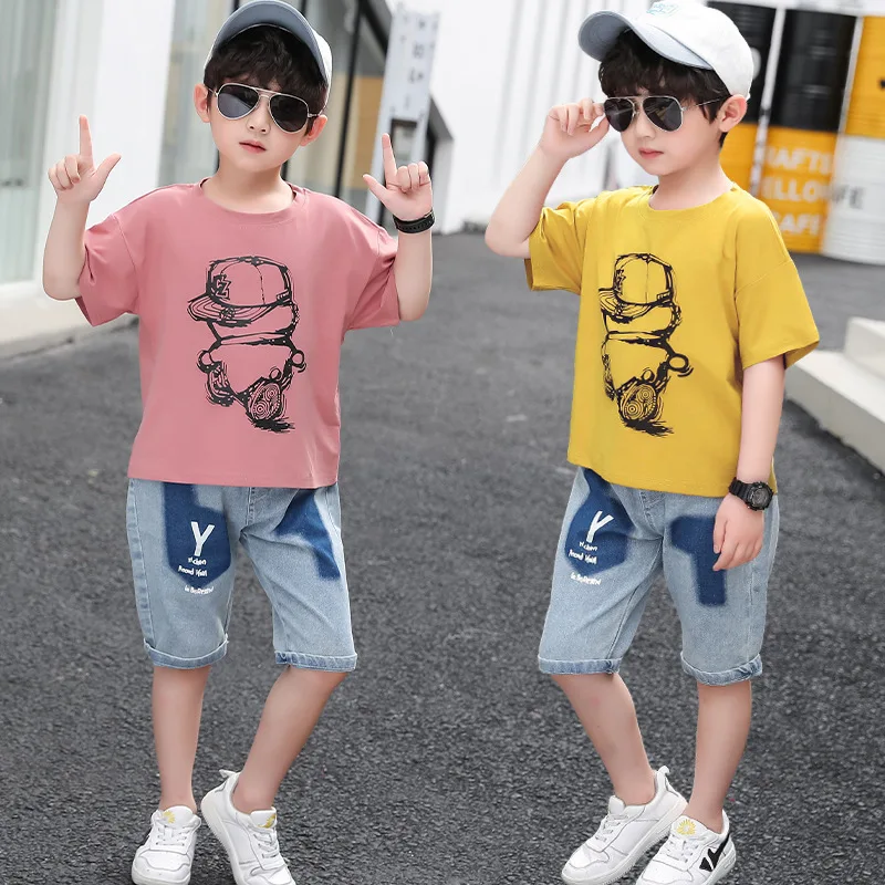 2021 Summer New Korean Fashion Big Kids Short Sleeved Round Label Top Jeans Two Piece Suit Teenagers Clothes Boys Clothing Sets