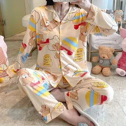 New Long-sleeved Printed Milk Silk Pyjama Femmes Women Pajama Set Home Casual Sleep Wear Two Piece Sleepwear